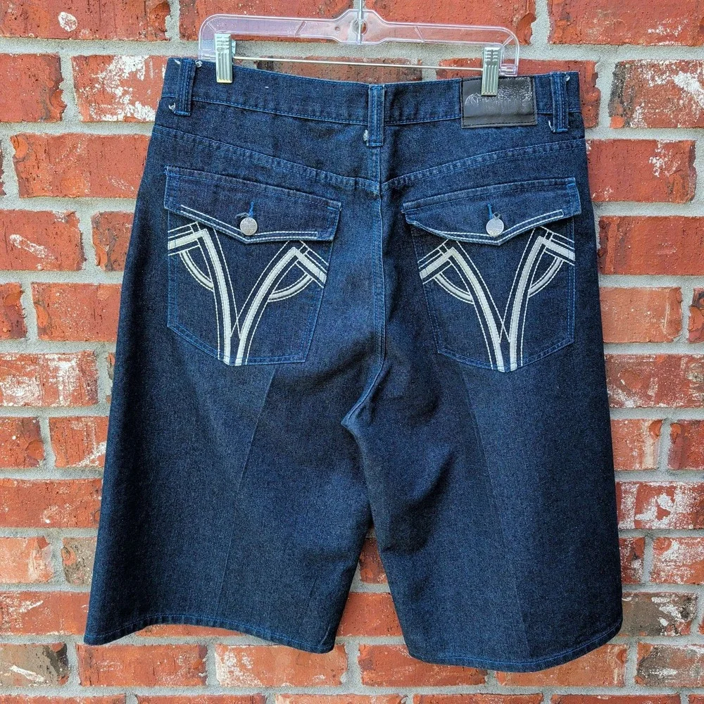 Chams Jeans Denim Shorts Mens 38 Dark Blue Baggy Y2K Embroidered Contrast Stitch